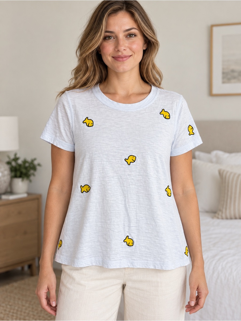 Lisa Todd Powder Blue Yellow Fish Appliqué Cotton Tee XS